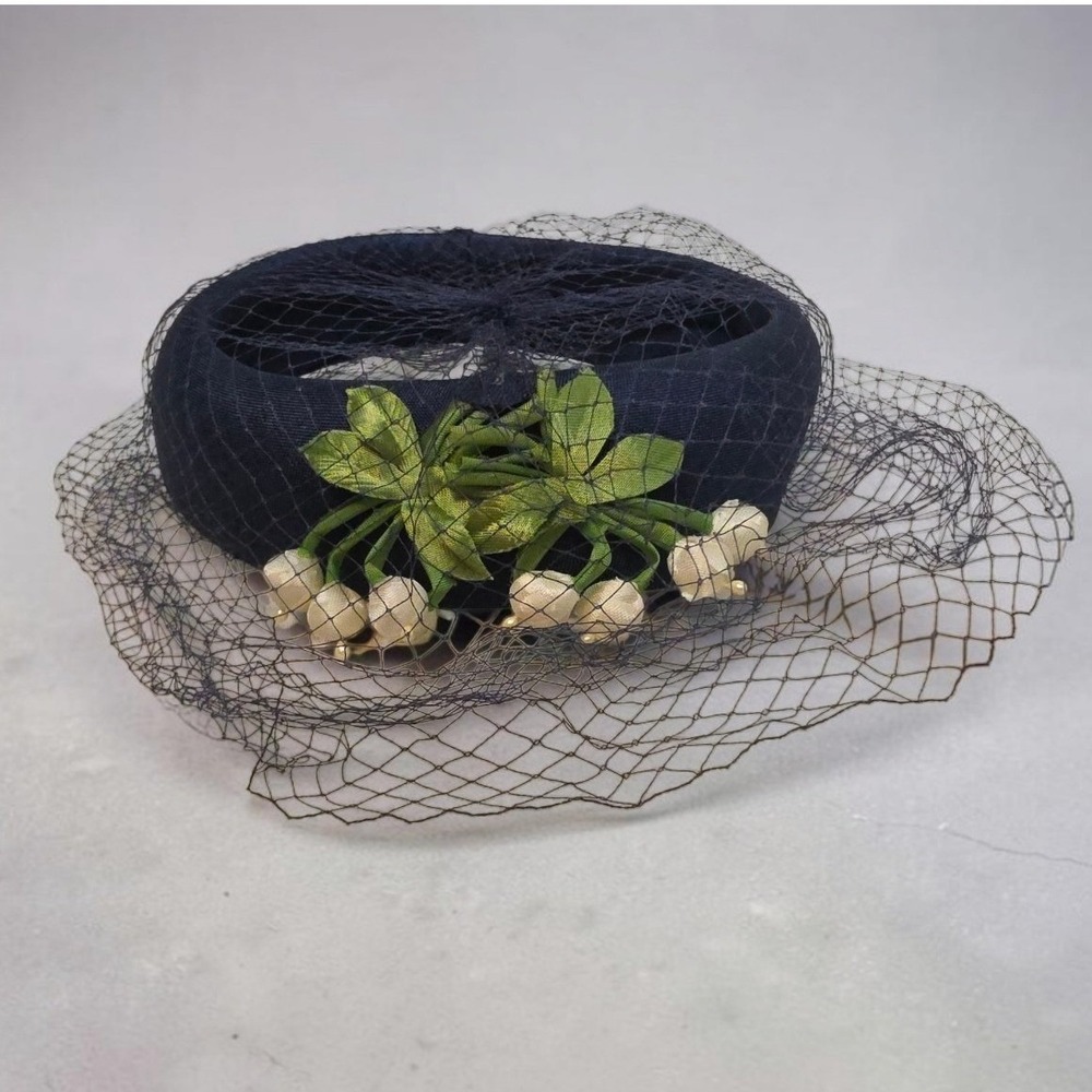 Vintage Navy Blue Pillbox Hat Birdcage Veil Lily of the Valley Floral Cocktail